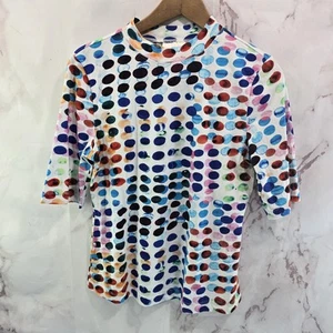Anthropologie T Shirt Womens Medium White Blue Pink Dot Mock Maeve Artsy Disco - Picture 1 of 11