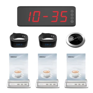 SINGCALL Wireless Pager System 1 Fixed Receiver,2 Watches,3 Table Bells,1 Pager - Afbeelding 1 van 12