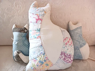 3 Vtg Handmade Stuffed Cats Made w Faded Patchwork Quilts Toys Pillows Wedding R - Image 1 of 4