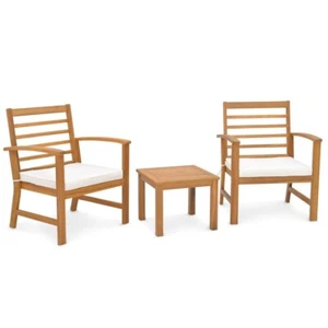 3PCS Patio Outdoor Wood Furniture Set Ergonomic Backrest With Soft Seat Cushions - Picture 1 of 9