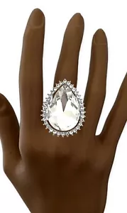 Clear Acrylic & Glass Crystal Rhinestones Teardrop Big Cocktail Party Ring - Picture 1 of 2