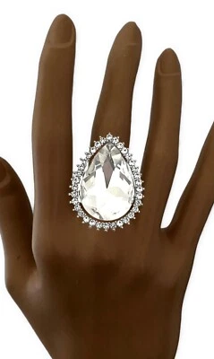 Anillo grande lágrima estrás cristal acrílico transparente y vidrio cóctel fiesta Foto 1 de 4