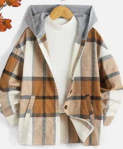 SHEIN Girls Plaid Print Drop Shoulder Hooded Neck Shirt Size 11-12Y No Shirt - Picture 1 of 16