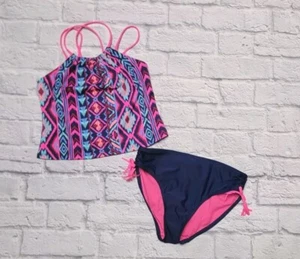 NEW SO GIRLS 14 TANKINI 2 PC BATHING SUIT NEON PINK FRINGE AZTEC PATTERN STRAPPY - Picture 1 of 15