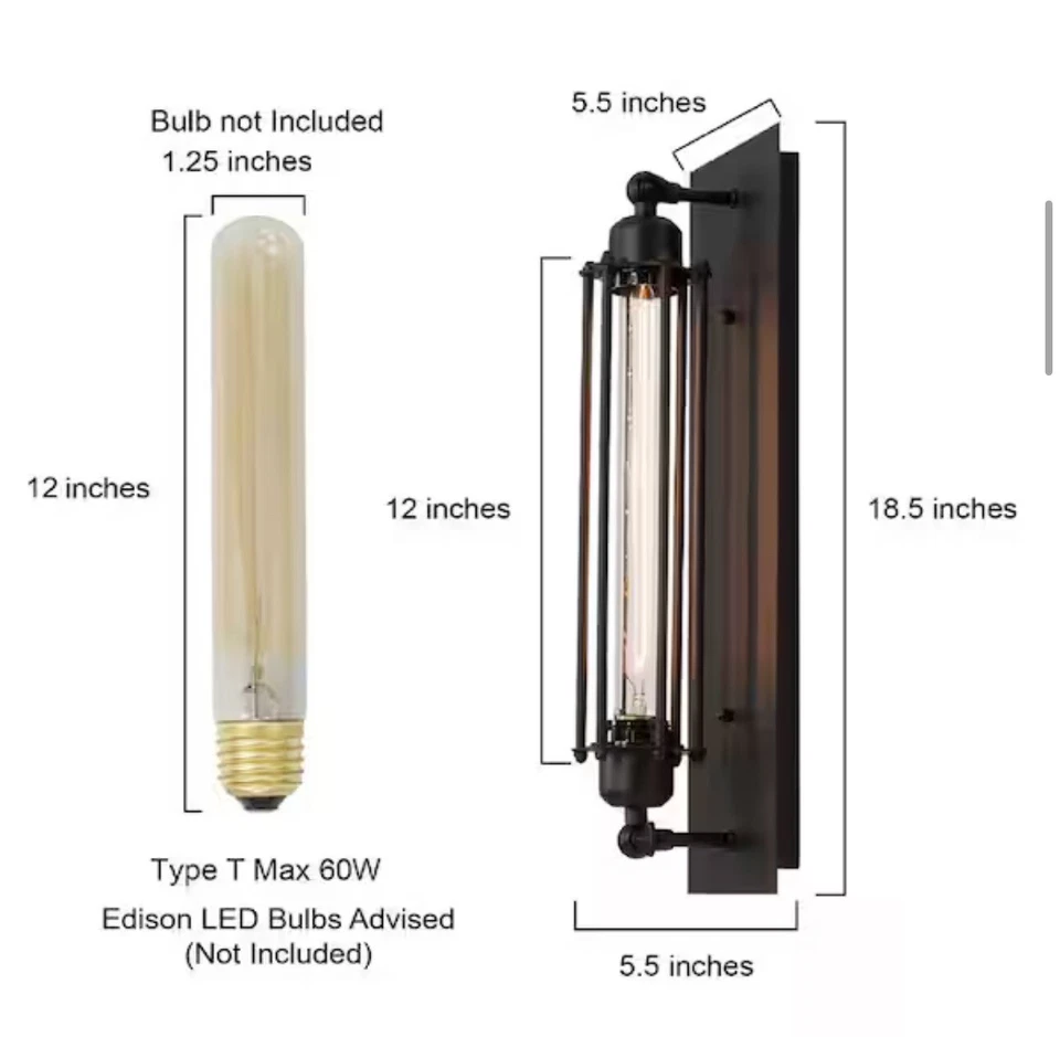 LNC A02251 Industrial Lamp Wire Cage Use E26 Bulb Lighting Wall Sconces Black