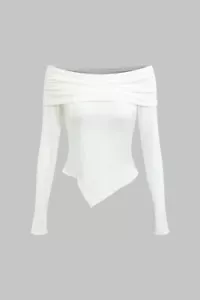 Comfy Cozy Stylish White Long Sleeve Ruched Off Shoulder Top Small - Picture 1 of 3