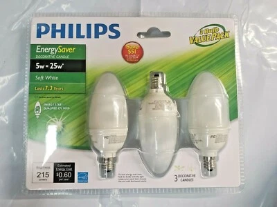 3-Pack Mini Candle 5W 120V 2700K E12 Philips  EL/mCan Decorative CFL Bulb - Image 1 of 3