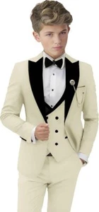 3 Pieces Formal Boys Slim Fit Peak Lapel Blazer Teenage Tuxedo Jacket Suit Set - Picture 1 of 32