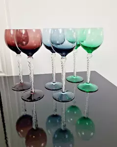 6 Vintage Airtwist Stem Coloured Glass Goblets/Wine glass Emerald, Plum, Blue - Picture 1 of 8