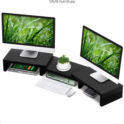 Universal 3 Wood Dual Monitor Stand Risers, Length and Angle Adjustable - Image 1 of 4