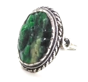 Vtg Antique Sterling Silver Flower Carve Green White Jade Cable Ring Size 5 FZZ - Picture 1 of 7