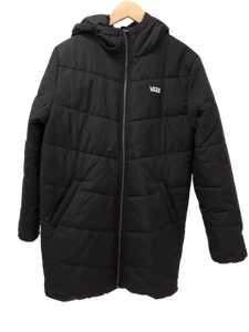 VANS Men's UK Small Black Lightweight Long Line Hooded Puffer Coat Pre - Loved  - Picture 1 of 12