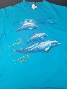 Vintage Dolphin Graphic Shirt Womens Lg Single Stitch Crystal Beach Texas Teal - Picture 1 of 5