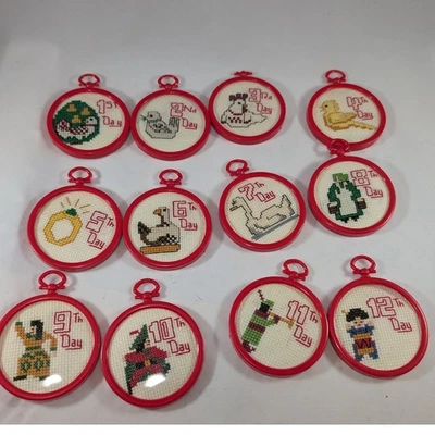 12 Days of Christmas Cross Stitch Ornaments Set of 12 Red Hoop Wall Decor - Image 1 of 4