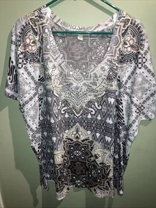 World Unity Damen Shirt Bluse 3X Glitzer Lotus Print Kurzarm Oberteil Weiß - Bild 1 von 12