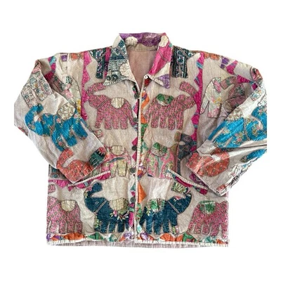 Handmade Jacket Size Large  Mauve Purple Embroidered Elephants Blazer Cotton - Image 1 of 4