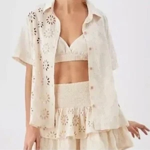 American Eagle Creme Resort Ösen Knopfleiste Large Neu mit Etikett Kurzarm Boho - Bild 1 von 11