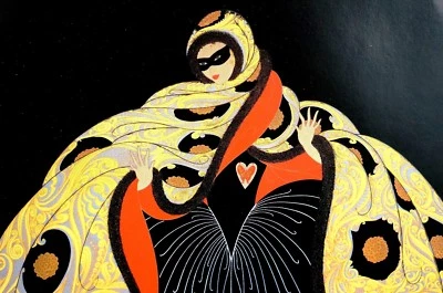 Erte 1987 MASCARADA DAMA ENMASCARADA VESTIDO DE BAILE DISFRAZ Art Deco Estampado Mate Foto 1 de 4