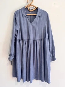 ASOS Sz 14 UK Stone Grey Blue Lyocell Long Sl Collared Smock Dress - Picture 1 of 8