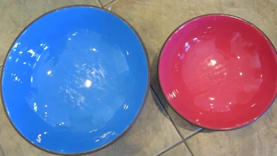 2 Pottery Barn Harmony Wood Enamel Nesting Bowls blue 14" pink 11" New issue - Image 1 of 4