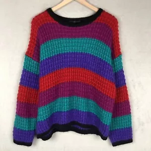 VTG CAROLE LITTLE Kid Mohair Blend Sweater Women's L Stripe Oversized Fuzzy 90s - Picture 1 of 10