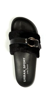 Urban Sport by J/Slides Womens Gold Buckle Slide Sandals Black Faux Fur 6M NEW. - Picture 1 of 1