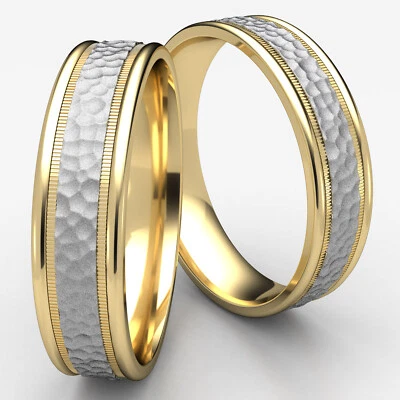 6mm Men's Women's Hammered Finished Milgrain 14K 2 Toned Gold Wedding Band Ring - Image 1 of 4