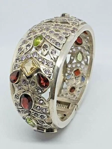 Genuine Oval faceted Garnet Amethyst Peridot Topaz 925 Sterling Silver Bangle - Bild 1 von 9