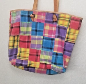 TALBOTS Quilted multicolored Plaid large Shoulder Tote Bag Pockets leather strap - Picture 1 of 10