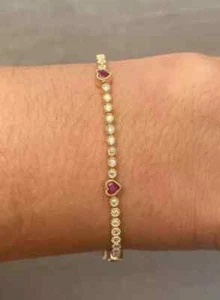 8Ct Lab Created Diamond Tennis Bezel Ruby Heart Bracelet 14K Yellow Gold Finish - Picture 1 of 4