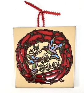 Earthtones HUMMINGBIRD Wreath Ceramic Tile Trivet 1990 Southwest Artist Signed - Picture 1 of 11