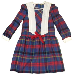 Girl's Retro dress blue long sleeve free waist white collar plaid size 8 - Picture 1 of 5