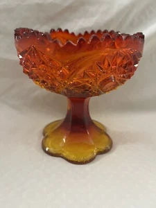 Candy Compote Amberina Glass Multiple Star Pattern Toothed Top Edge 5" Tall Vtg - Picture 1 of 9