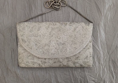 Vtg Beaded Bag, White, Silver, Bronze Evening  Clutch or Shoulder Bag 8 x 5 - Image 1 of 4