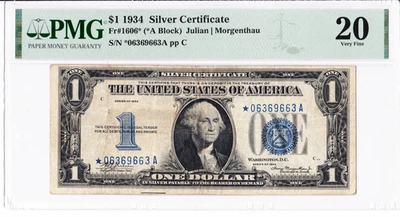 *1934 $1 Silver Cert Fr.1606* PMG VF20 Star Note *06369663A - Scarce Error* - Image 1 of 2