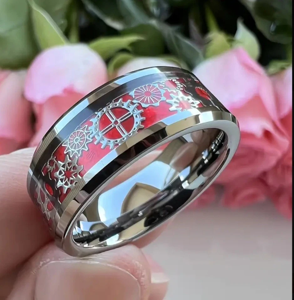 Anel de engrenagem masculino exclusivo aço inoxidável titânio prata/vermelho tamanhos (10) - Imagem 1 de 2