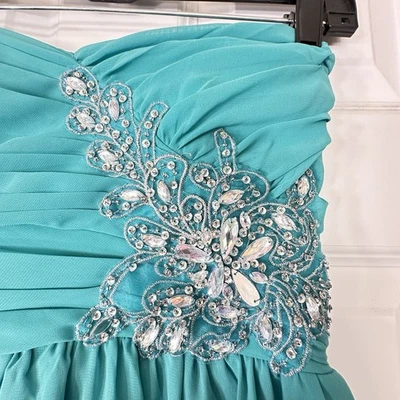 B. Darlin Juniors Size 5/6  Ruffled Turquoise Rhinestone Sleeveless Cocktail - Image 1 of 4