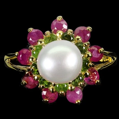 925 Sterling Silver Ring Round Ruby Chrome Diopside Pearl Gemstone Jewelry Size  - Image 1 of 4