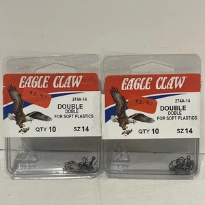(2) Packs Eagle Claw Double Hooks for Soft Plastics 274A-14 Size 14 20 Hooks - Picture 1 of 4