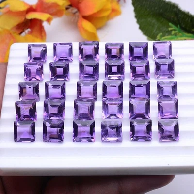 Set 10 Pcs Natural Amethyst Rich Purple 8mm Square Cut Top Quality Gemstones Lot - Image 1 of 4