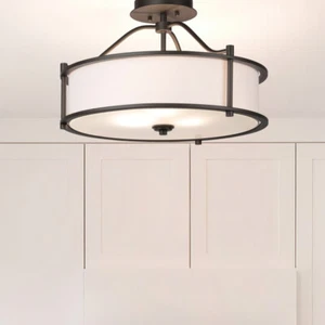 Semi Flush Mount Ceiling Light Bronze Drum Ceiling Light Fabric Shade 3 Light - Picture 1 of 6