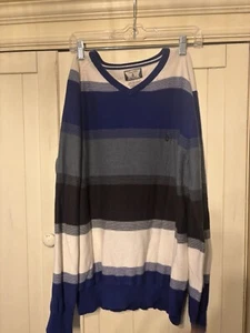 Volcom Sweater Mens Large Blue Striped Crew Neck Long Sleeve Logo Pullover - Picture 1 of 5