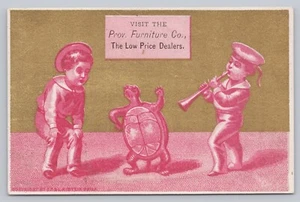 Victorian Trade Card Anthropomorphic Dancing Turtle Providence Furniture R.I. - Picture 1 of 2