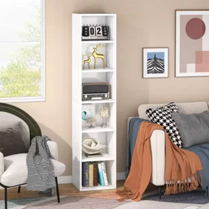 New 71" Tall White 6-Shelf Narrow Corner Bookcase Cube Display for Small Spaces - Picture 1 of 7