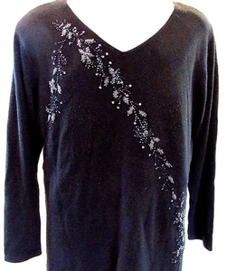 Avenue Damen Plus 2X Oberteil schwarz Perlen Pailletten V-Ausschnitt L Ärmel Pullover Sweater - Bild 1 von 5