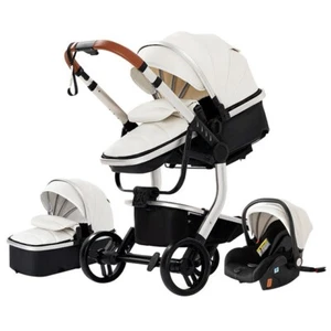 Poussette 3 en 1 Bébé Combinée Siège-Auto Nacelle Trio Réversible cuir pu.BLANC - Photo 1/8