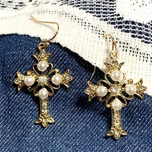 Golden Jewelry Cross Earrings 5.21g Vintage Style Iris Clover Pearls Crystal - Picture 1 of 5