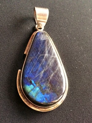 Pendente labradorite in argento 925 minerale blu verde ciondolo vintage P46 - Immagine 1 di 4