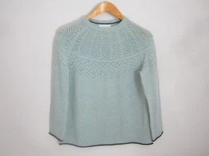 Tabitha Webb Womens L Heather Blue Wool LS Crewneck Sweater Lace Yoke Navy Trim - Picture 1 of 13