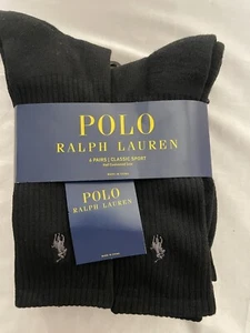 Polo Ralph Lauren Mens Socks Crew 6 Pairs Sport Black 10-13 Shoe Size 6-12.5 New - Picture 1 of 5